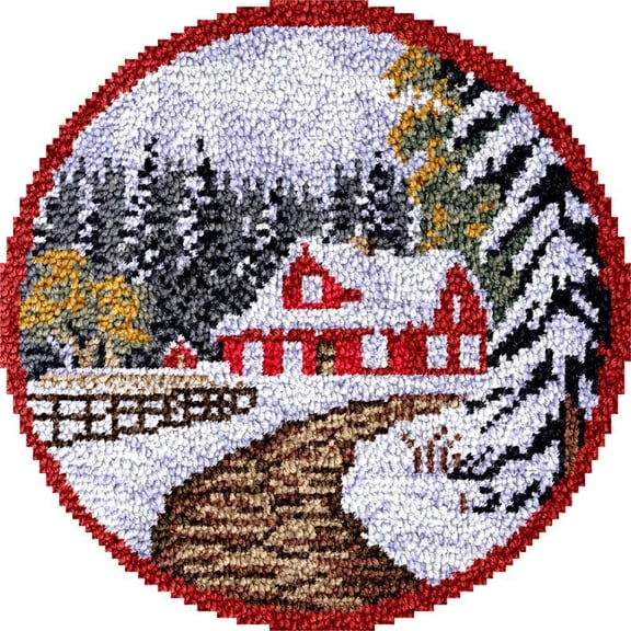 Large Round Latch Hook Rug kits Cottage Winter Red Barn House Latch Hook kit Cushion Blanket Embroidery Craft Kits For Beginner DIY Latch Hook Carpet Rug Kit with Printed Canvas 60x60cm