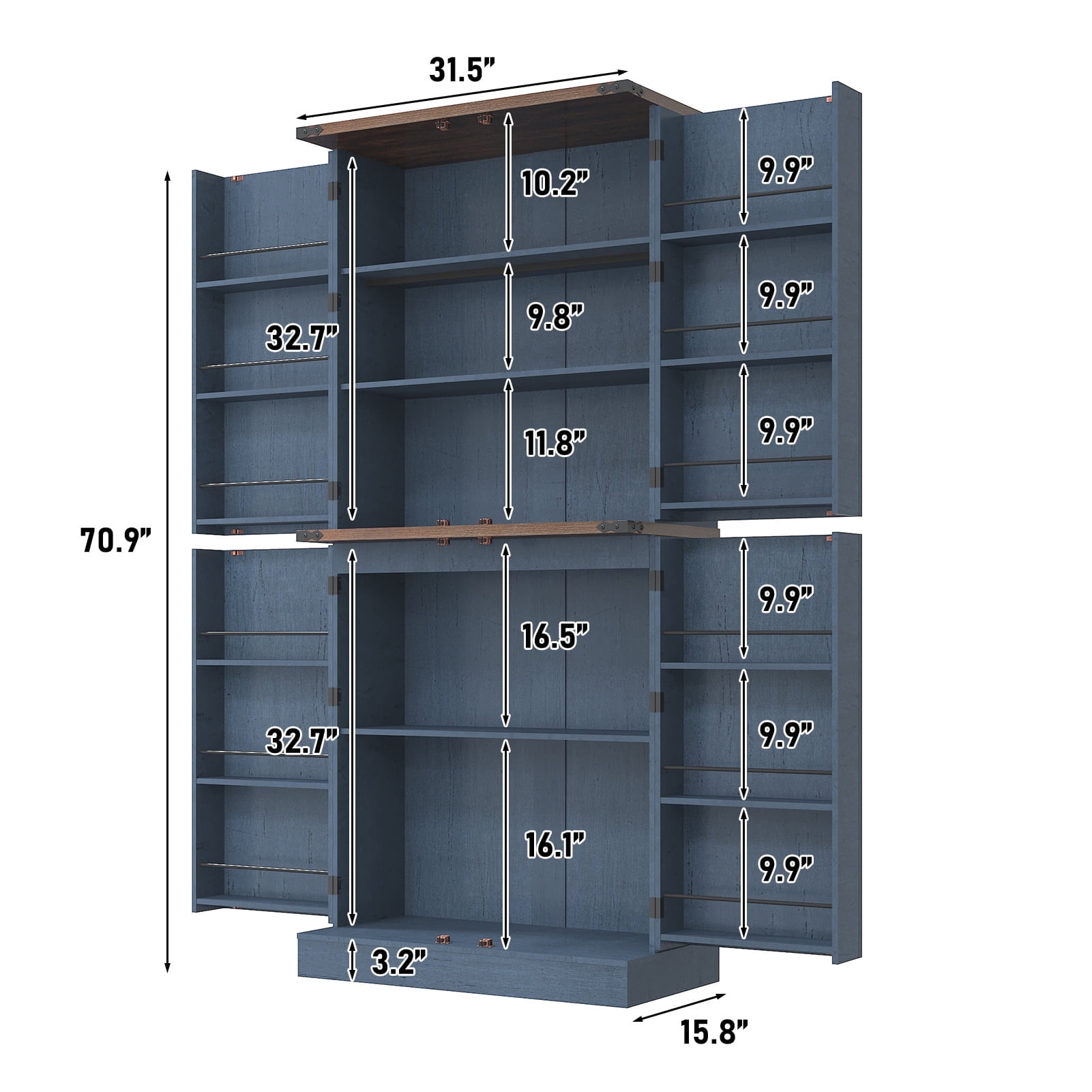 71" Tall Farmhouse Kitchen Pantry with 12 Side Shelves & Adjustable Shelves, 5 Layers Pantry Storage Cabinet w/Load-Bearing Steel Pipe & 4 Barn Doors for Kitchen, Dining Room, Living Room, Blue