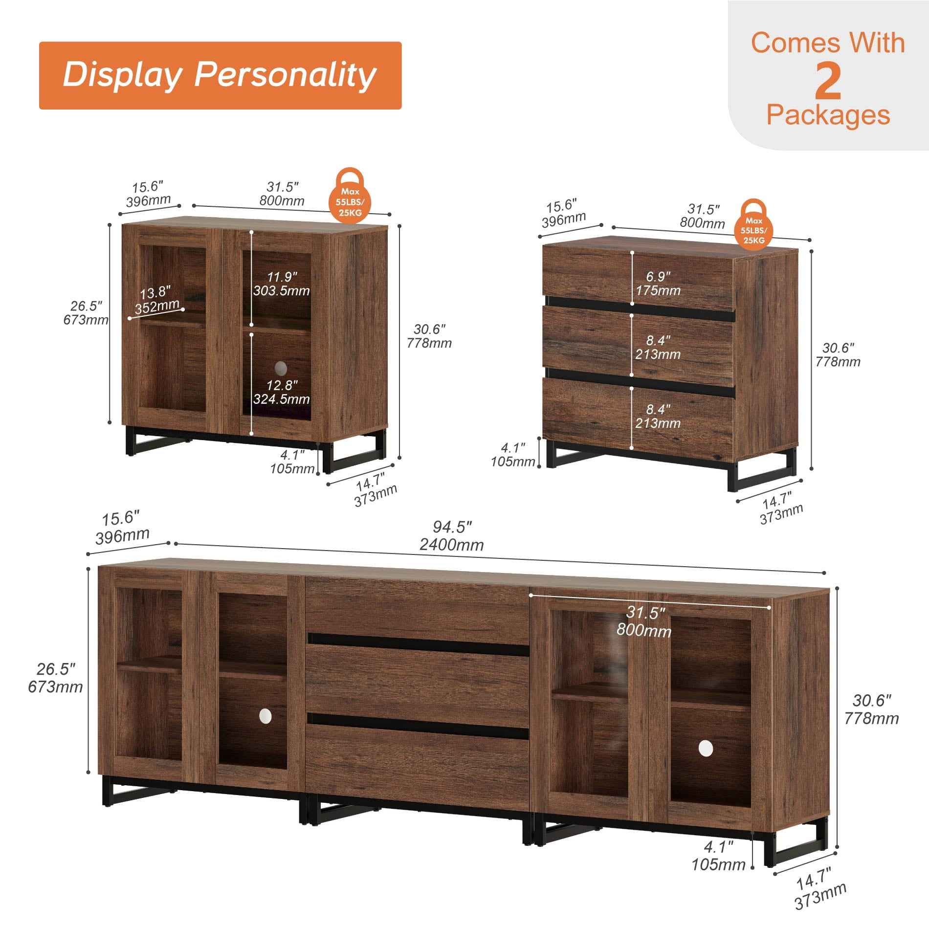 3 In 1 Modern Sideboard With Glass Doors And 3 Drawers,Storage Cabinet With Adjustable Shelves for Living Room, Kitchen,Brown