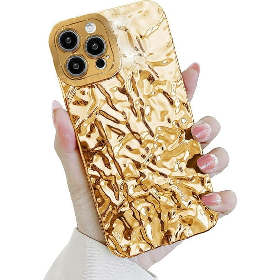 Compatible with iPhone 13 Pro Case, Cute 3D Tin Foil Pleated Luxury Phone Cover for Women Girls Shiny Bling Designer Soft Silicone Case for iPhone 13 Pro, Gold