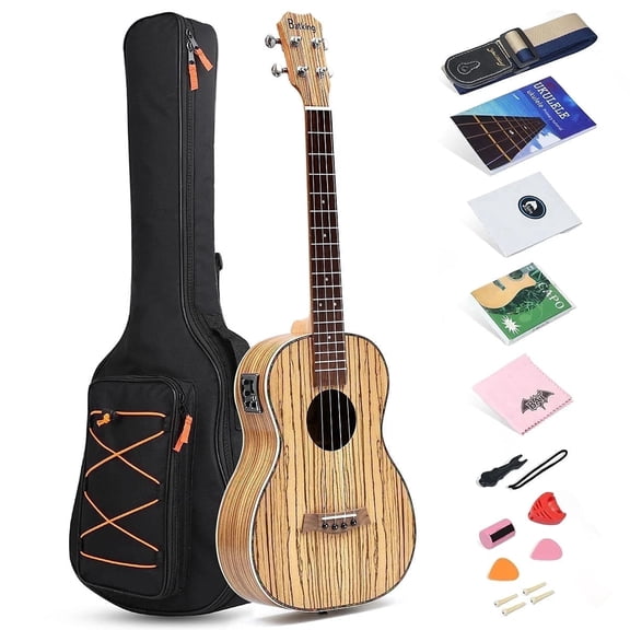 Batking Baritone Ukulele Zebrawood Acoustic-Electric with Truss Rod EQ Gig Bag 30-Inch
