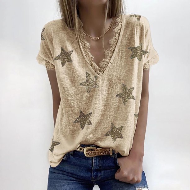 Puntoco - Blusa de manga corta con estampado de estrellas y cuello en V para mujer Puntoco Puntoco-734