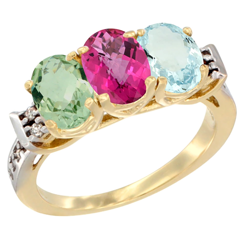 14K Yellow Gold Natural Green Amethyst, Pink Topaz & Aquamarine Ring 3-Stone 7x5 mm Oval Diamond Accent, sizes 5 10 by WorldJewels