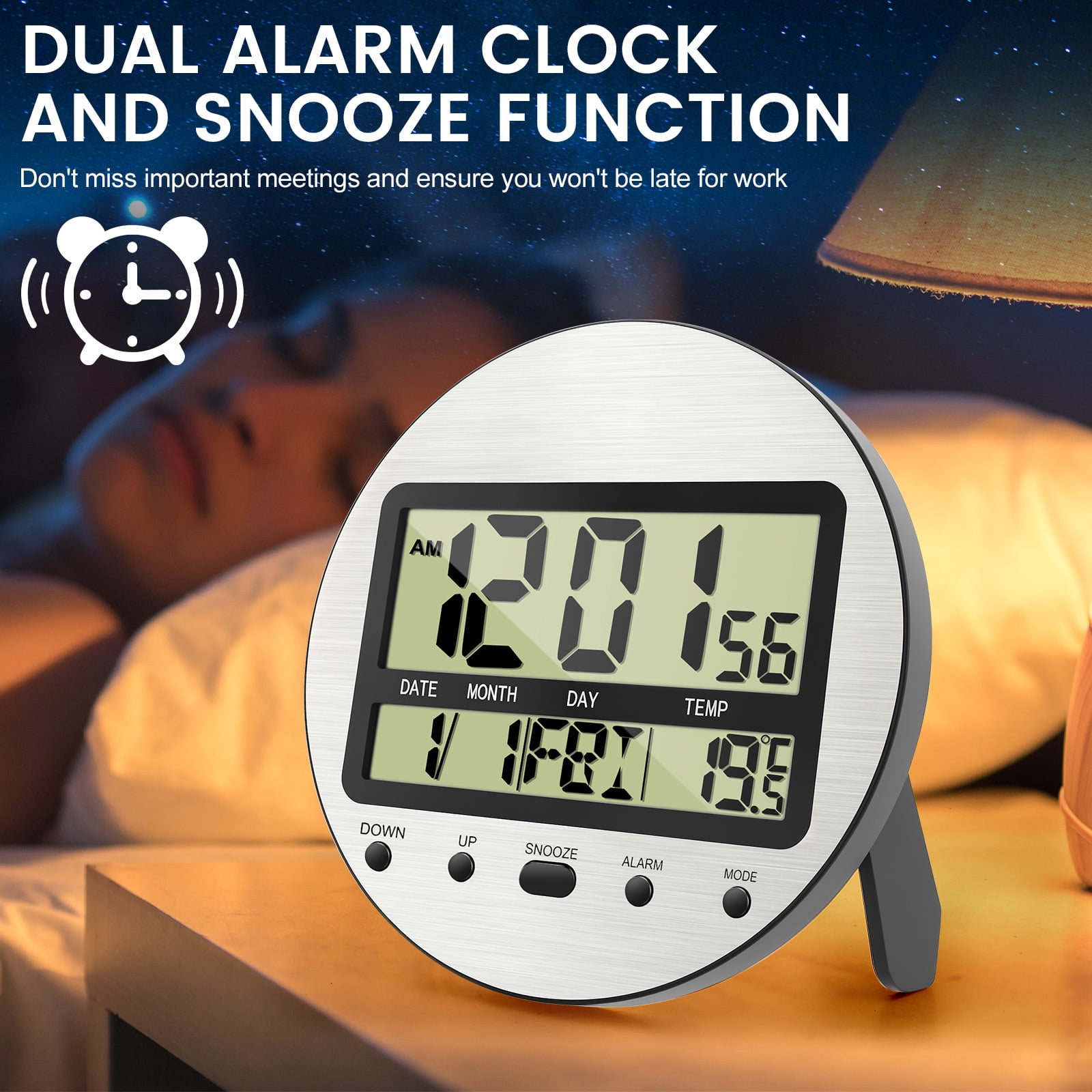 Atomic Digital Wall Clock with Temperature,Seconds,Date and Day of Week - Easy to Read/Set,Auto DST,Aluminum Silver,Round,Wall Mount/Desk Battery Operated