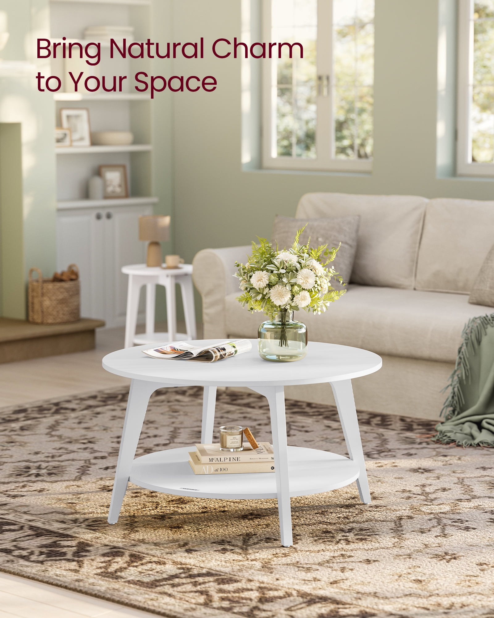Snow White 2 - Tier Round Coffee Table with Storage - 31.5 x 17.7 Inches, Easy to Assemble for Living Room