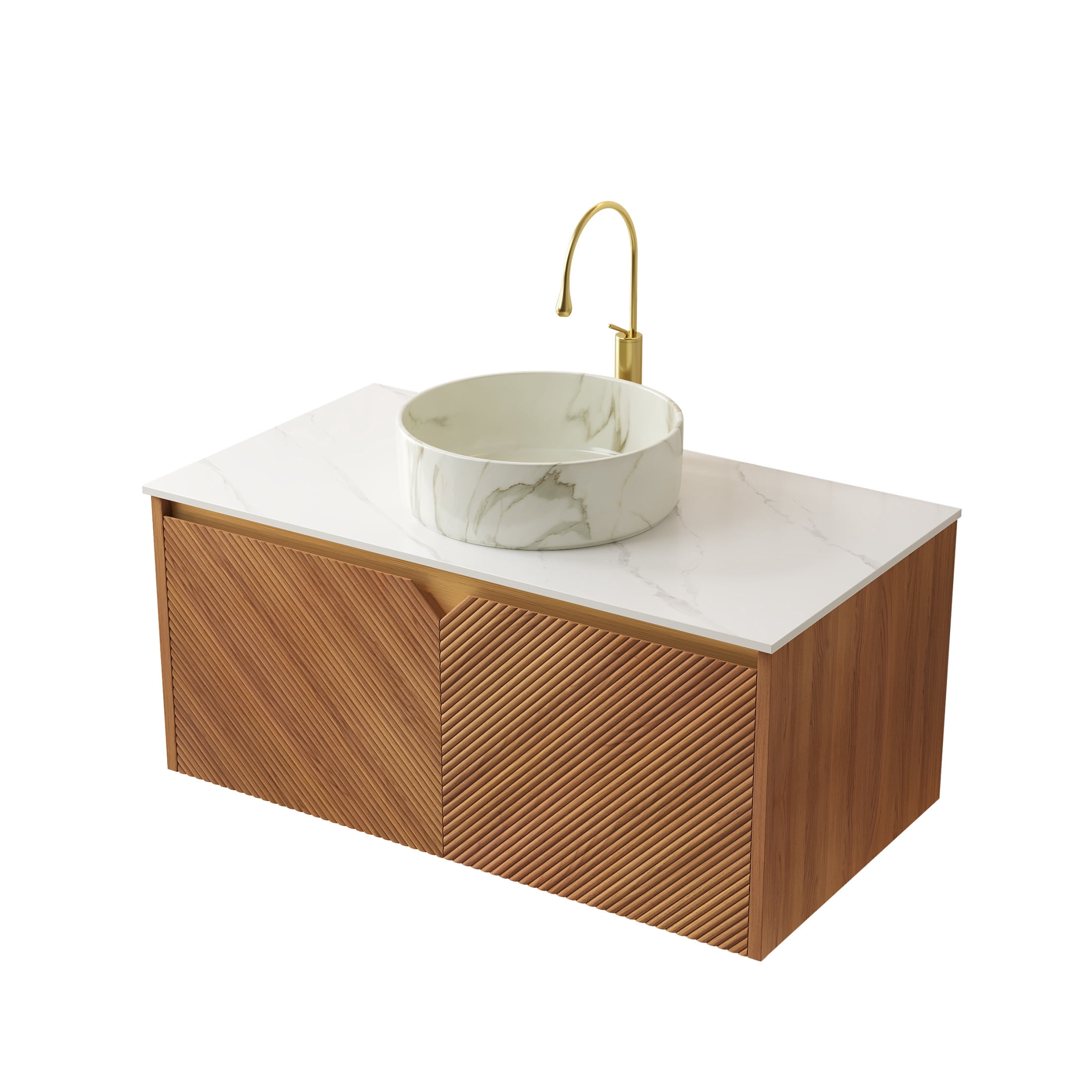 Noble House RUBEN 36" Floating Bathroom Vanity, Sintered Stone Top Cabinet with Stone Round Ceramic Vessel Sink, Oak