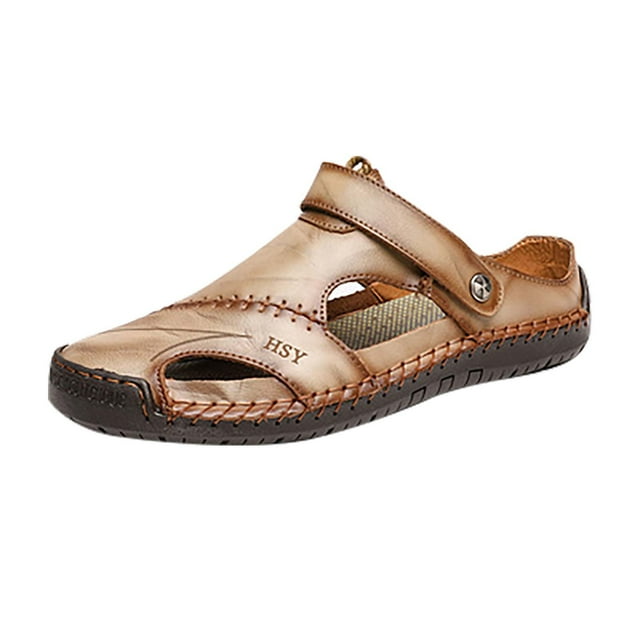 TopLLC Men's Summer Sandals Casual Closed Toe Leather Handmade Sandals Adjustable Fisherman Beach Sandals For Outdoor Walking Driving