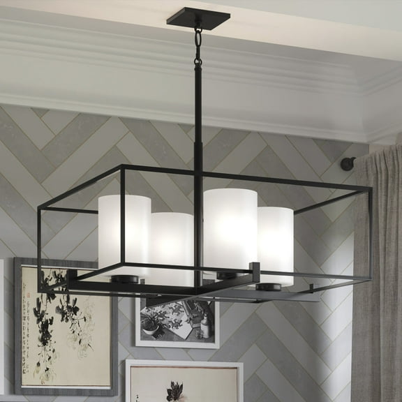 Luxury Minimalist Indoor Chandelier, 12.875''H x 21.625''W, with Modern Style Elements, Urban Loft Design, Midnight Black Finish and Etched Opal, UHP3122