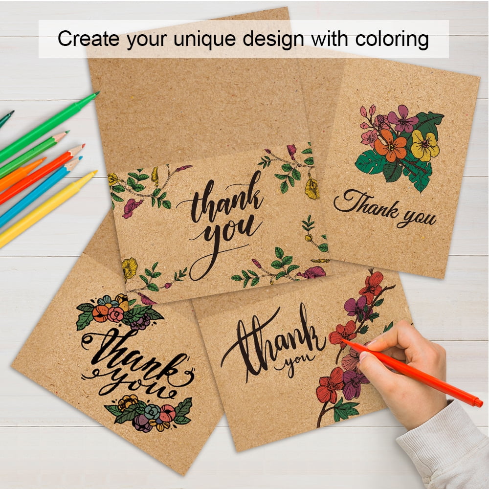 144 Bulk Brown Kraft Thank You Cards with Envelopes & Stickers, 8 Elegant Designs, 4x6 inch