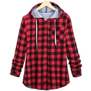 Women's Casual Long Sleeve Plaid Hooded Autumn Spring Cardigan Jacket with Pocket