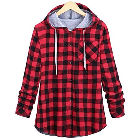 Plaid Long Sleeve Cardigan - Women's Casual Long Sleeve Plaid Hooded Autumn Spring Cardigan Jacket with Pocket