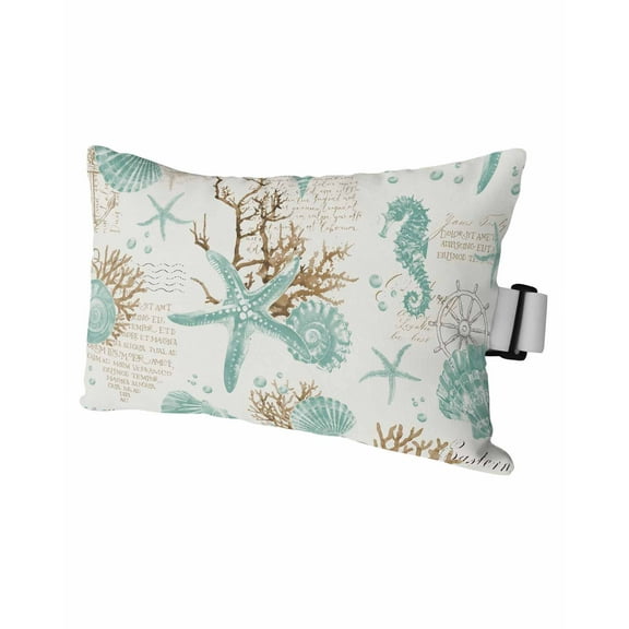 Teal Coastal Outdoor Head Resting Pillows with Insert Starfish Shell Coral Seahorse 1 Pack Waterproof Lumbar Pillows with Adjustable Elastic Strap for Patio Recliner Chaise Beach Chair, 11"x16"