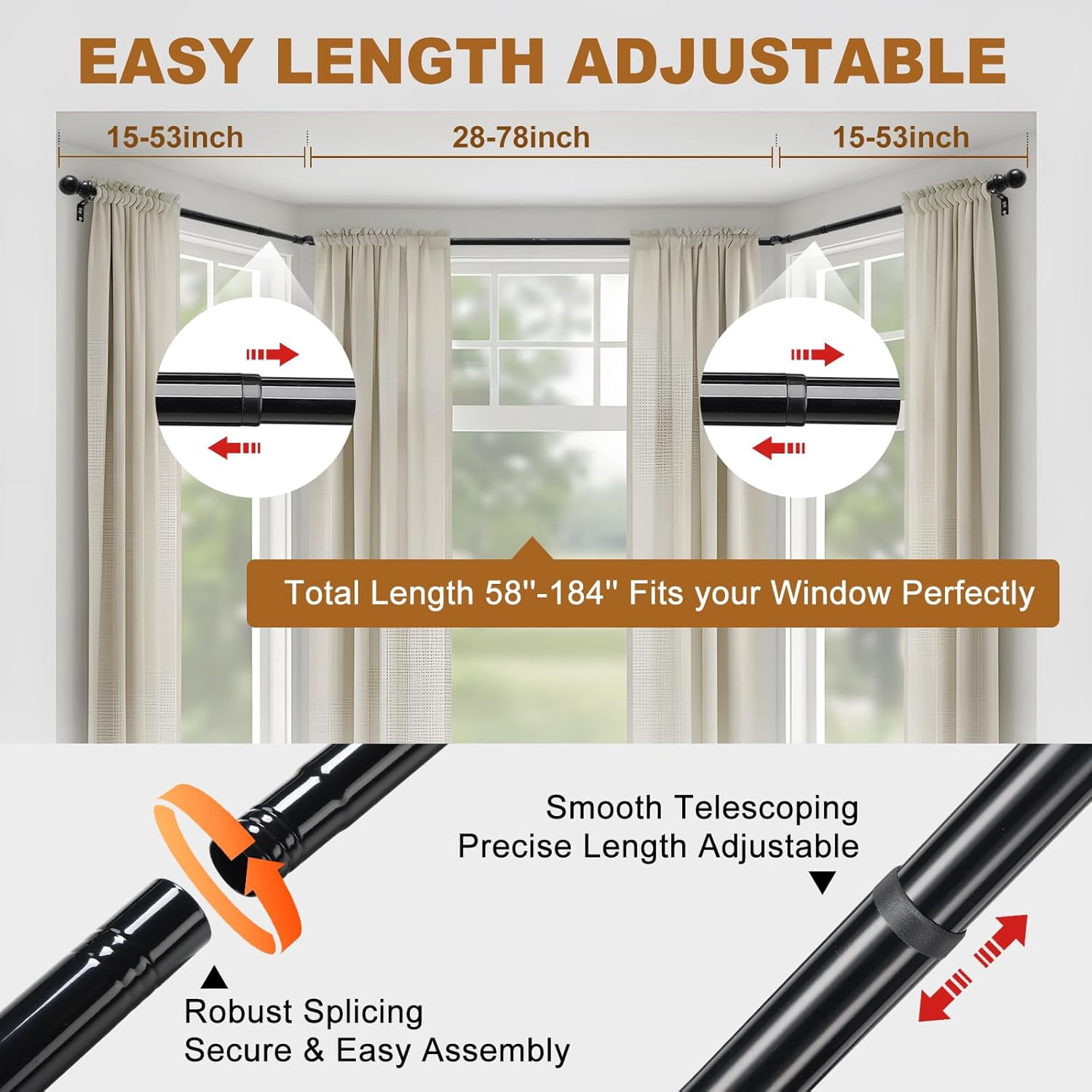 Bay Window Curtain Rods, 36-160" Heavy Duty Corner Curtain Rod, Adjustable DIY Design for Center and Side Rods,U-Shape 1 inch Drapery Rod Set with Brackets for Windows - Black