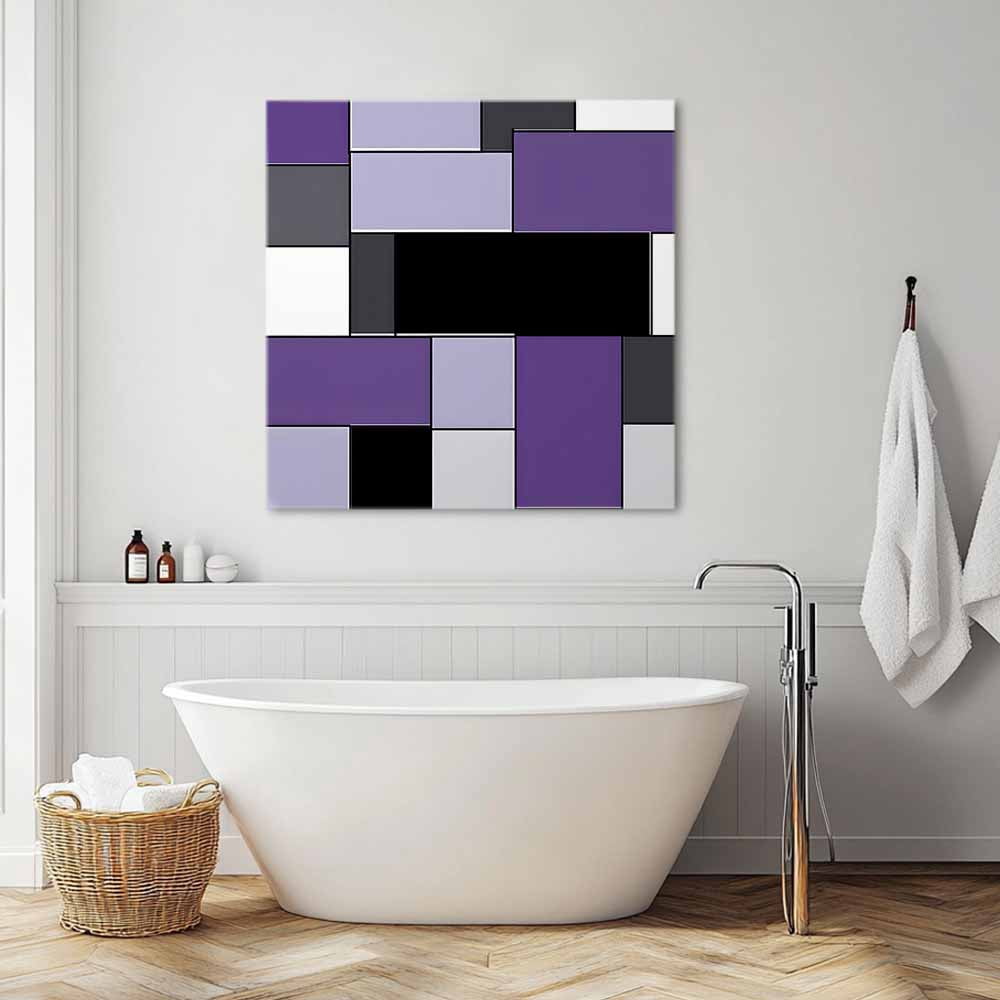 Purple Black Canvas Wall Art, Geometric Abstract Color Block Patchwork Framed Wall Decor Modern Artwork Prints Painting for Living Room, Bedroom, Kitchen & Cafe Decor 16x16 Inch