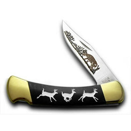 - BUCK 110 Custom Black Pearl Corelon Running Deer 1/400 Pocket Knife Knives