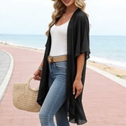 FNFYFH Womens Summer Long Flowy Kimono Cardigans Open Front Sheer Chiffon Cardigan Beach Cover Up Tops