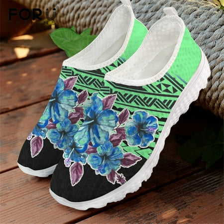 

FORUDESIGNS Polynesian Hibiscus Flower Printed Women Flats Shoes Casual Sneakers Air Mesh Slip-on Light Female Walking Loafers