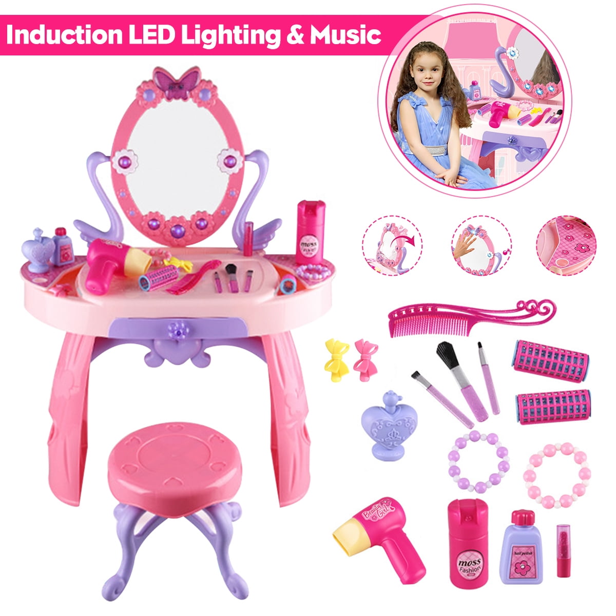 2-in-1 Princess Pretend Play Vanity Set Table with Beauty Set for Girls 