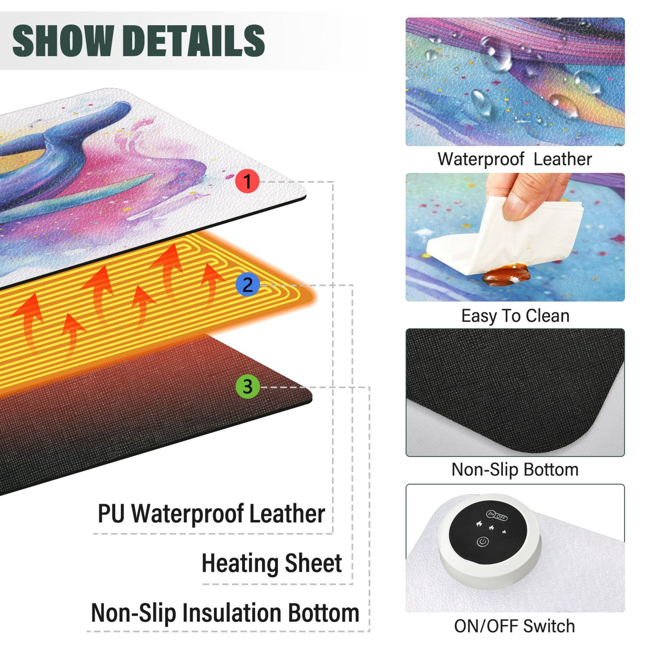 Large Heated Desk Mat Mouse Pad 31.5"x13"PU Leather Graphene Heating Desk Warmer with 3 Temperature Settings 110V US Plug Non-Slip Warm Pad for Home, Office, and Gaming Pastel Galaxy Whale Pattern
