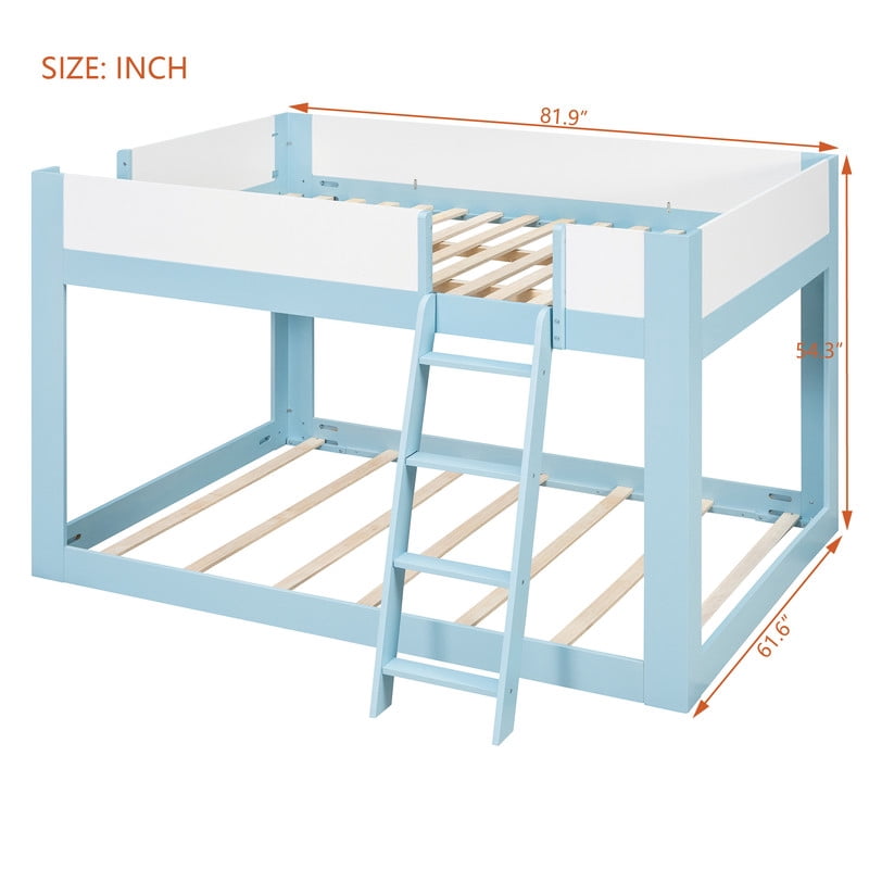 Queen-Over-Queen Low-Profile Bunk Bed with Guardrails, Wooden Kids Bed with Reversible Ladder, Accent Two-Tone Bed Frame