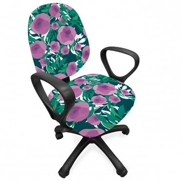Floral Office Chair Slipcover, Close up Scene of Blossoming Flowers and Leaves, Protective Stretch Decorative Fabric Cover, Standard Size, Pale Fuchsia Sea Green, by Ambesonne