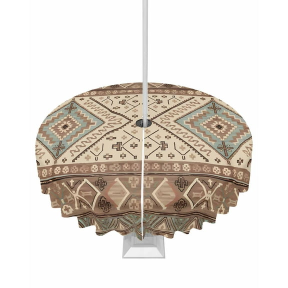 Fsddascl Brown Geometric Outdoor Tablecloth - 54 Inch Round Dining Table Cover, Modern Ethnic Southwest Vintage Waterproof Outdoor Table Cloth with Umbrella Hole & Zipper for Picnic/Patio/Party