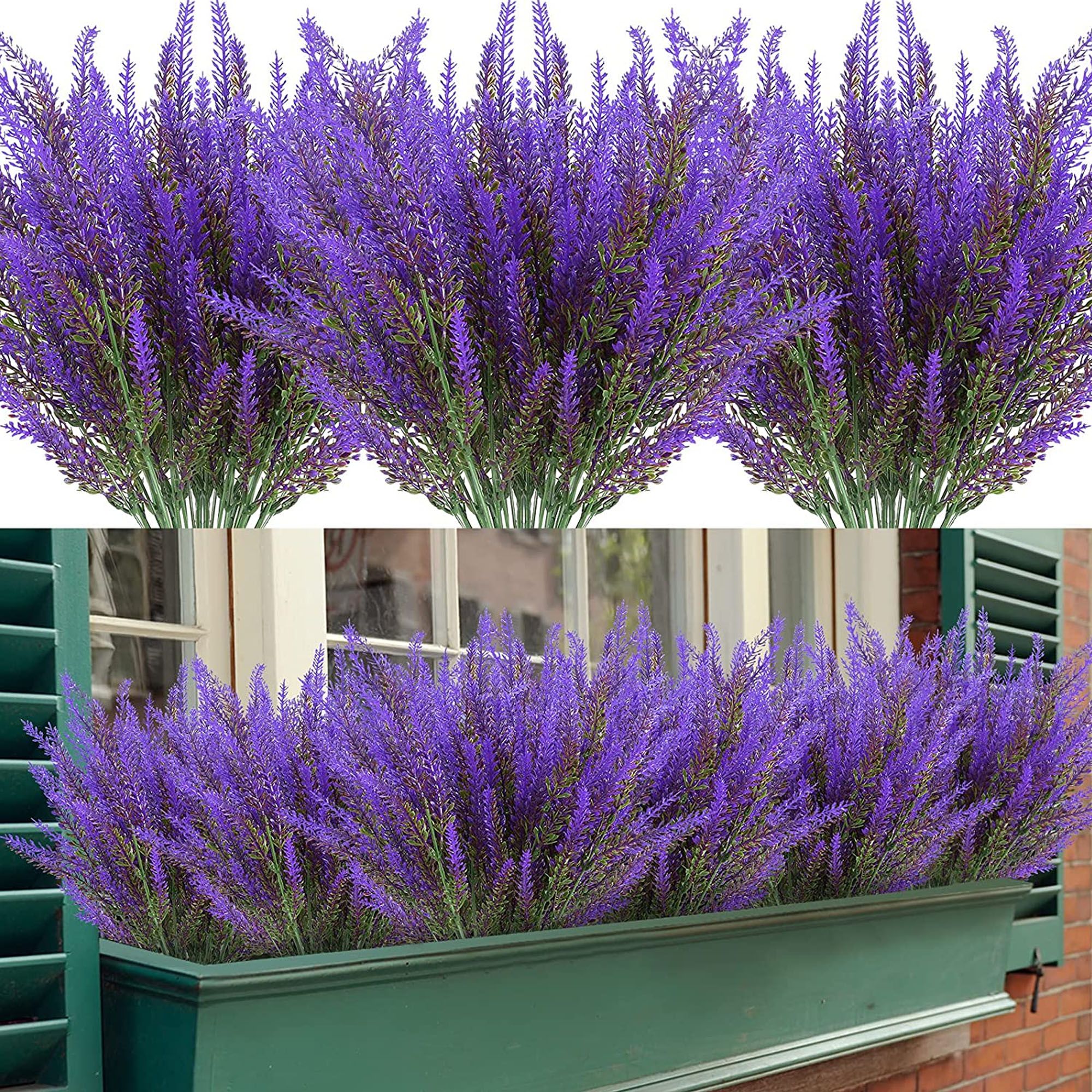 Deago 6 Bundles Artificial Lavender Flowers Outdoor UV Resistant Fake Flowers No Fade Faux Plastic Plants Garden Porch Window Box Decorating (Purple)