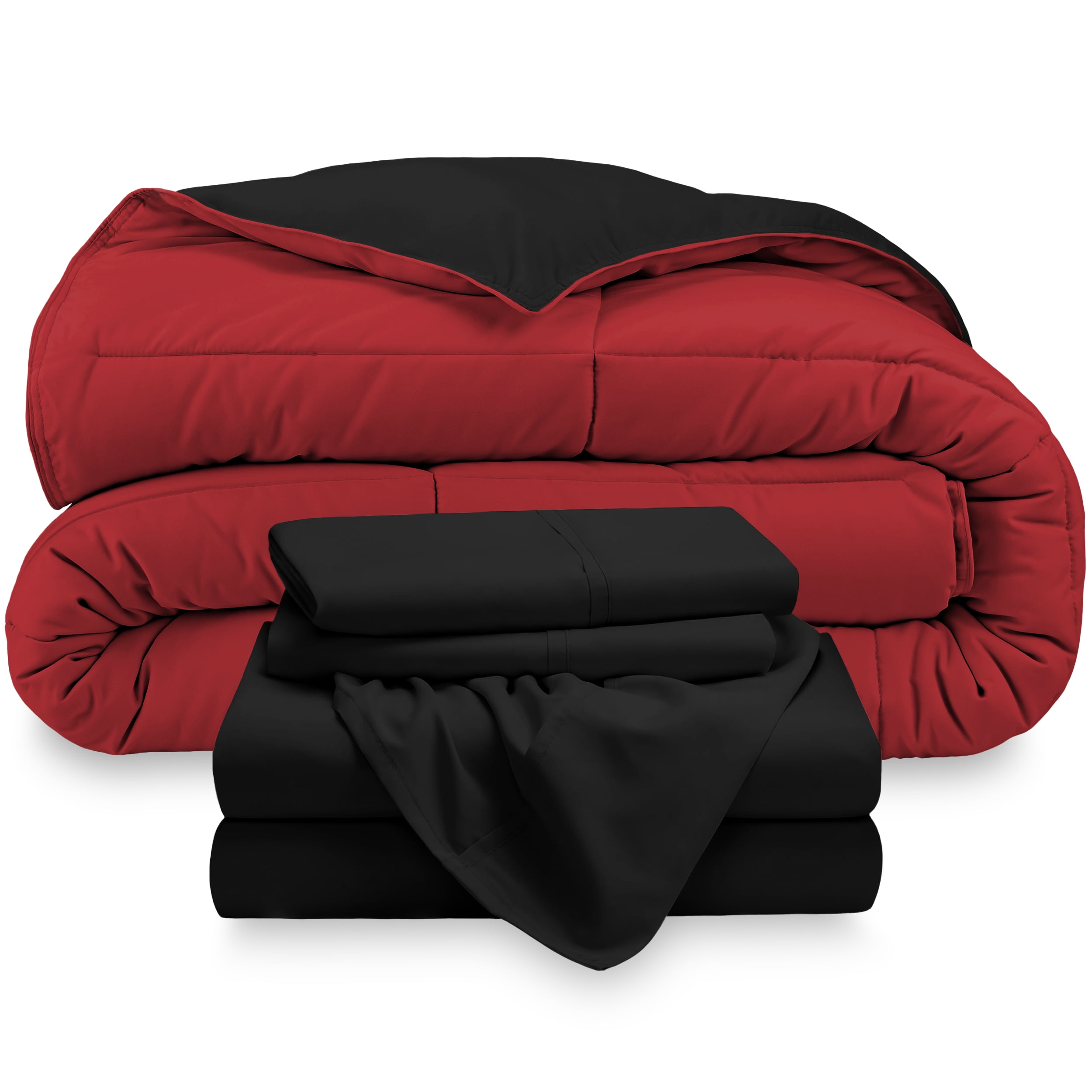 Bare Home Microfiber 5-Piece Black/Red Comforter, Black Sheet Set Reversible Bed in a Bag, Queen