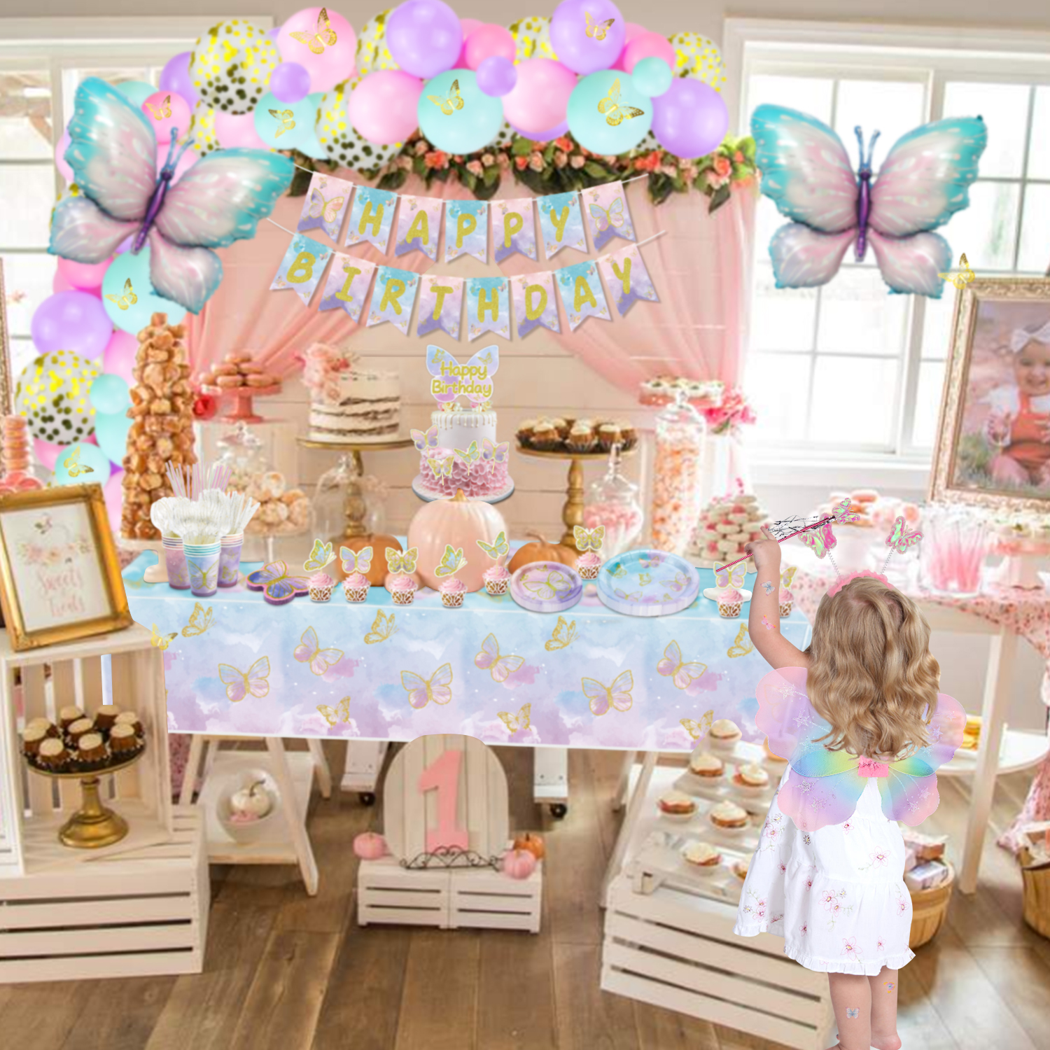 256 Pcs Butterfly Party Decorations - Including Plates, Tablecloth, Balloons, Banner, Butterfly Stickers, Cups, Butterfly Wing Set for Butterfly Birthday Decorations, Fairy Party Supplies - image 5 of 7