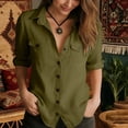 thumbnail image 4 of AherBiu Button down Shirt for Women Cotton Linen Lapel V Neck Long Sleeve Tops Vintage Lightweight Blouse(Medium,Army Green), 4 of 8