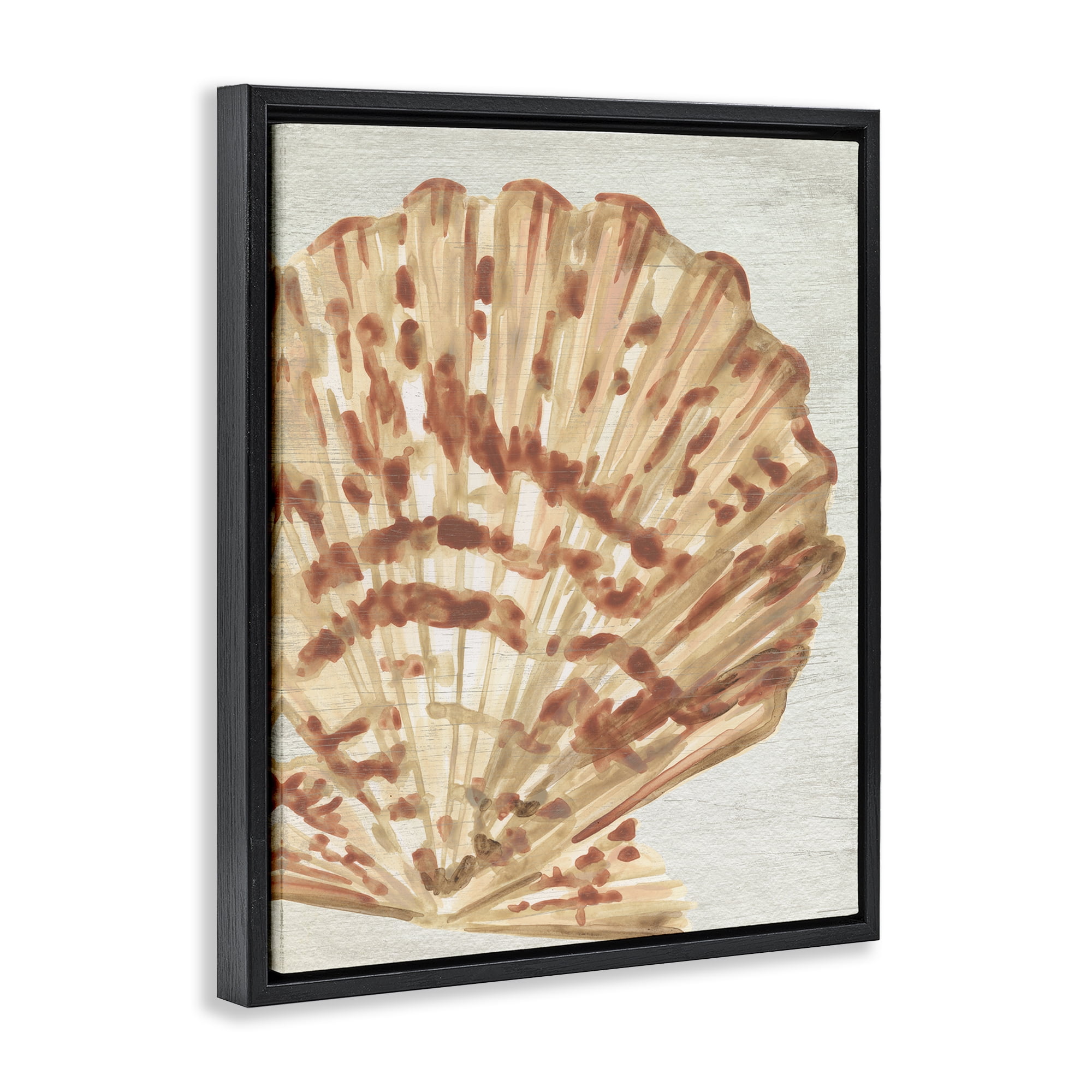 Stupell Industries Tan & Beige Clam Nautical & Beach Painting Black Floater Framed Canvas Art Print Wall Art, 17 x 21