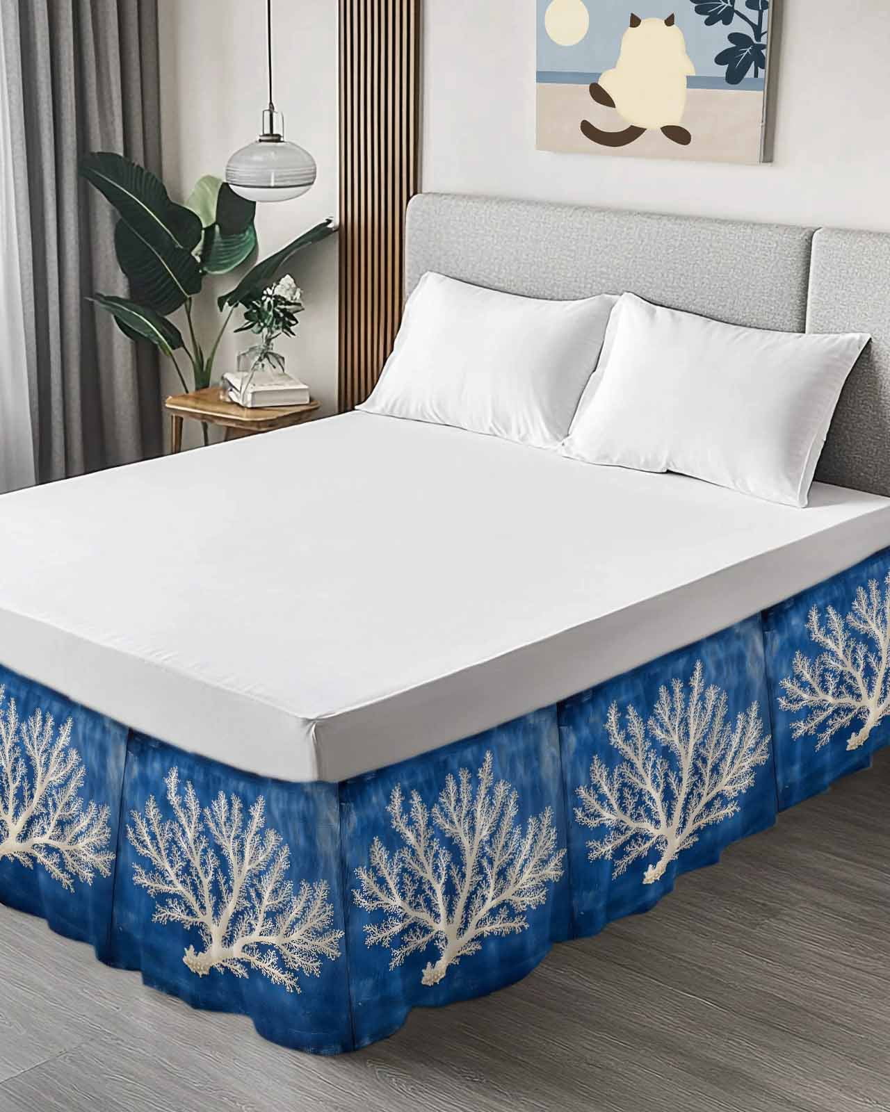 Coastal Coral Wrap Around Bed Skirts for Queen Bed 16" Drop,Bed Skirt with Adjustable Elastic Belt Dust Ruffle Bed Valance for Bedroom Hotel Luxury Oil Painted Summer Ocean Modern Art Bed Frame Cover
