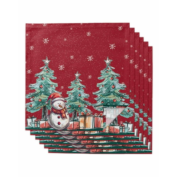 Red Christmas Cloth Napkins Set of 6, Xmas Snowman Tree Snowflake Washable Reusable Dinner Cocktail Napkin for Kitchen Party Wedding Banquet Holiday Baby Shower Table Decor