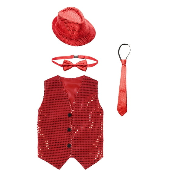 TTAO Boys Girls Sparkly Vest Jacket Hip Hop Jazz Latin Street Choir Dance Performance Waistcoat with Hat Set Red 9-12 Months