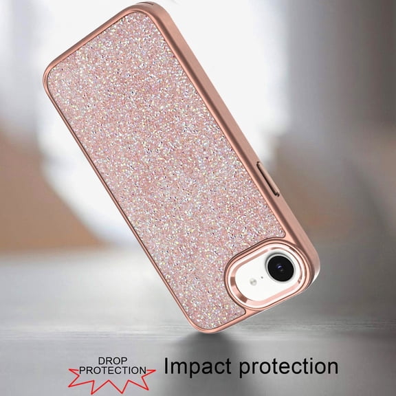 XPM for Apple iPhone 17E /16E Crystal Sparkle Diamond Glass Full Mini Glitter Bling Frame TPU Hybrid Protective Phone Case Cover (Rose Gold)