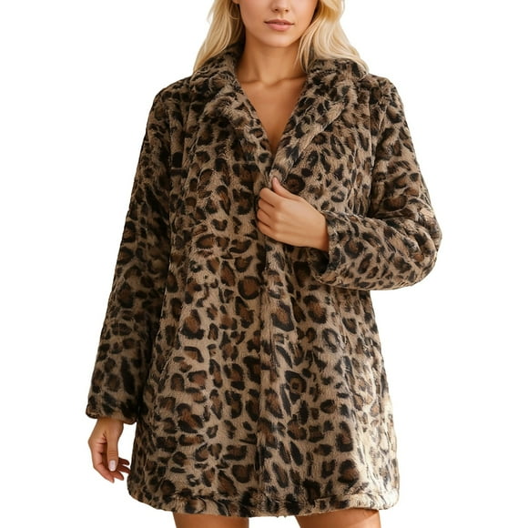 Luxurious Faux Leopard Print Jacket For With Pockets Long Sleeve Coat Outerwear Fashionable Winter Warmth Elegant Style Women'S Fur & Faux Fur Jackets & Coats Brown Xl