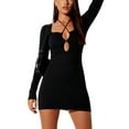 thumbnail image 5 of SAYOO Women Sexy Cut Out Mini Dress Long Bell Sleeve Halter Neck Low Cut Bandage Short Dress Bodycon Party Clubwear, 5 of 9