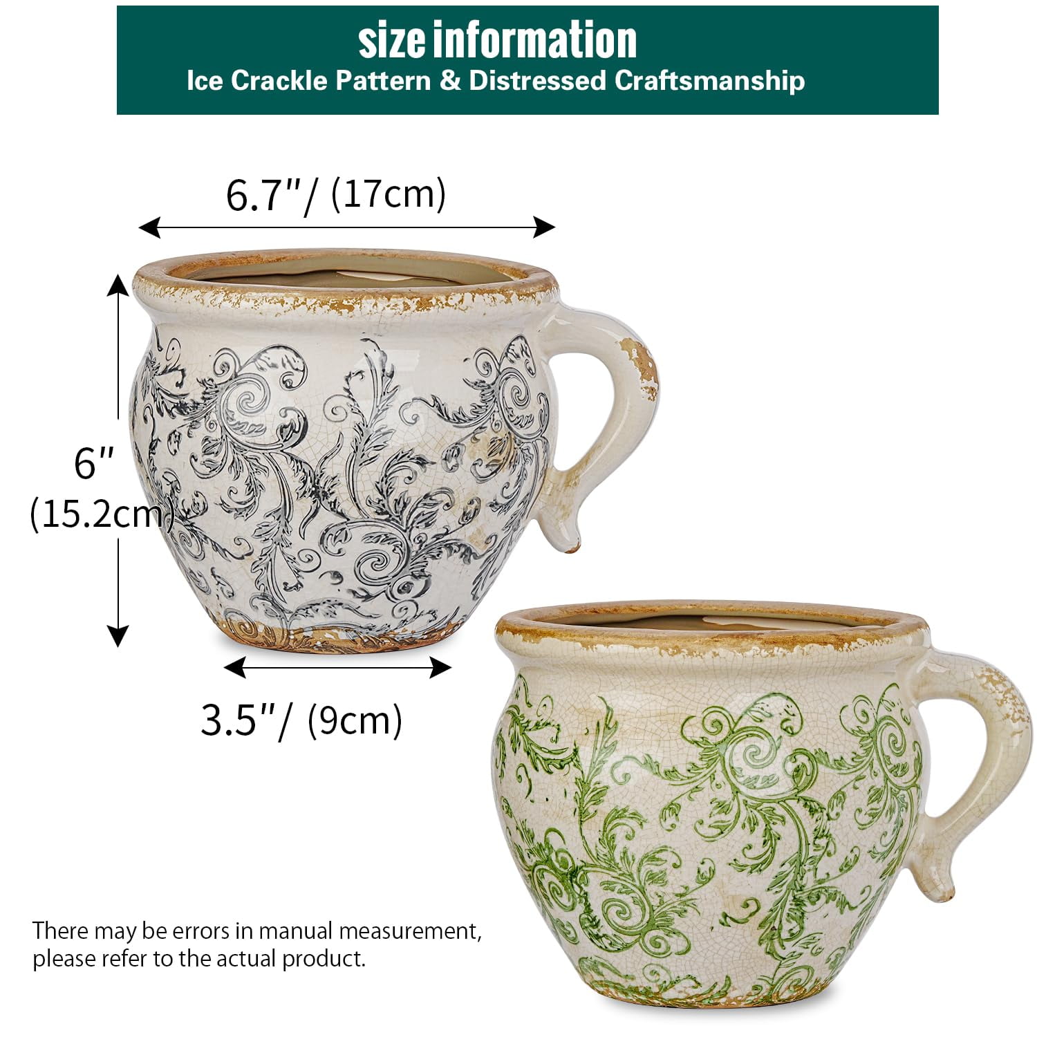 Sungmor Set of 2 Vintage Ceramic Planters with Handle - Rustic Crackle Glaze Flower Pots with Scroll Design, Drainage Hole Indoor Outdoor Decorative Plant Containers, Tuscan Decor Pots