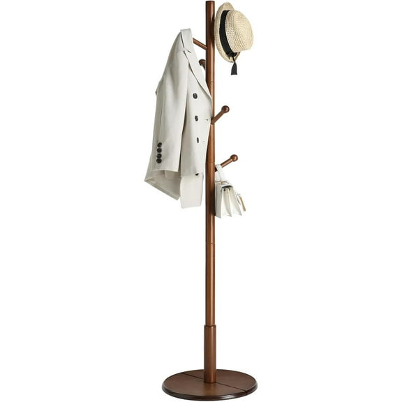Solid Wood Coat Rack, Free Standing Hall Coat Tree with 7 Hooks, 3 Height Options, for Coats, Hats, Bags, Purses, for Entryway, Hallway, Rubberwood Hooks and Pole, Dark Walnut URCR07WN
