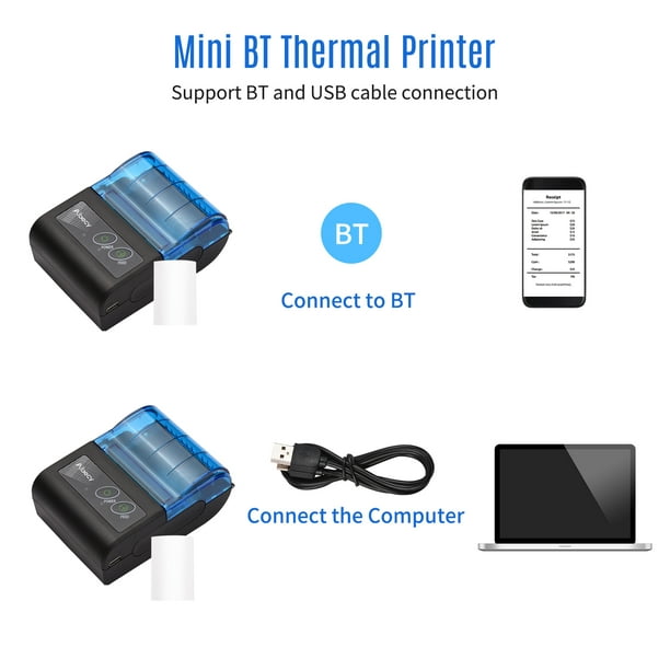 Aibecy Mini imprimante thermique portable 2 pouces sans fil USB avec papier  d'impression 58 mm compatible avec iOS Android Windows pour les ventes au  détail dans les restaurants