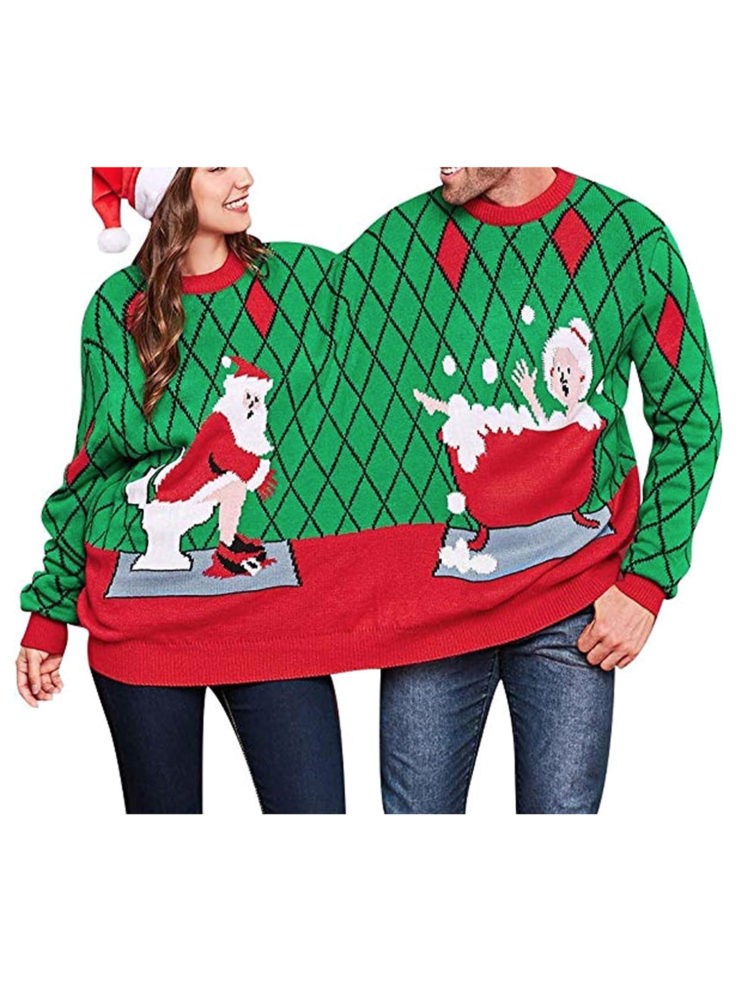 AMILIEe Two Person Christmas Pullover Women Men Conjoined Christmas  Patterns Printed Funny Couples Sweatshirt 