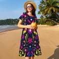 thumbnail image 4 of Picia Colorful Mexican Pattern Women's Short Sleeve Summer Dress Pleated Loose Swing Knee Length Short Sleeve Swing Dresses, 4 of 6