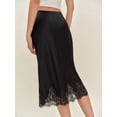 thumbnail image 3 of Black Silk Satin Midi Skirt With Lace Hem Elastic Waist A-Line Flowy, 3 of 7