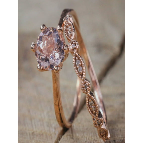 Antique Milgrain 1.75 carat Round Cut Morganite and Diamond Bridal Wedding Ring Set in Rose Gold