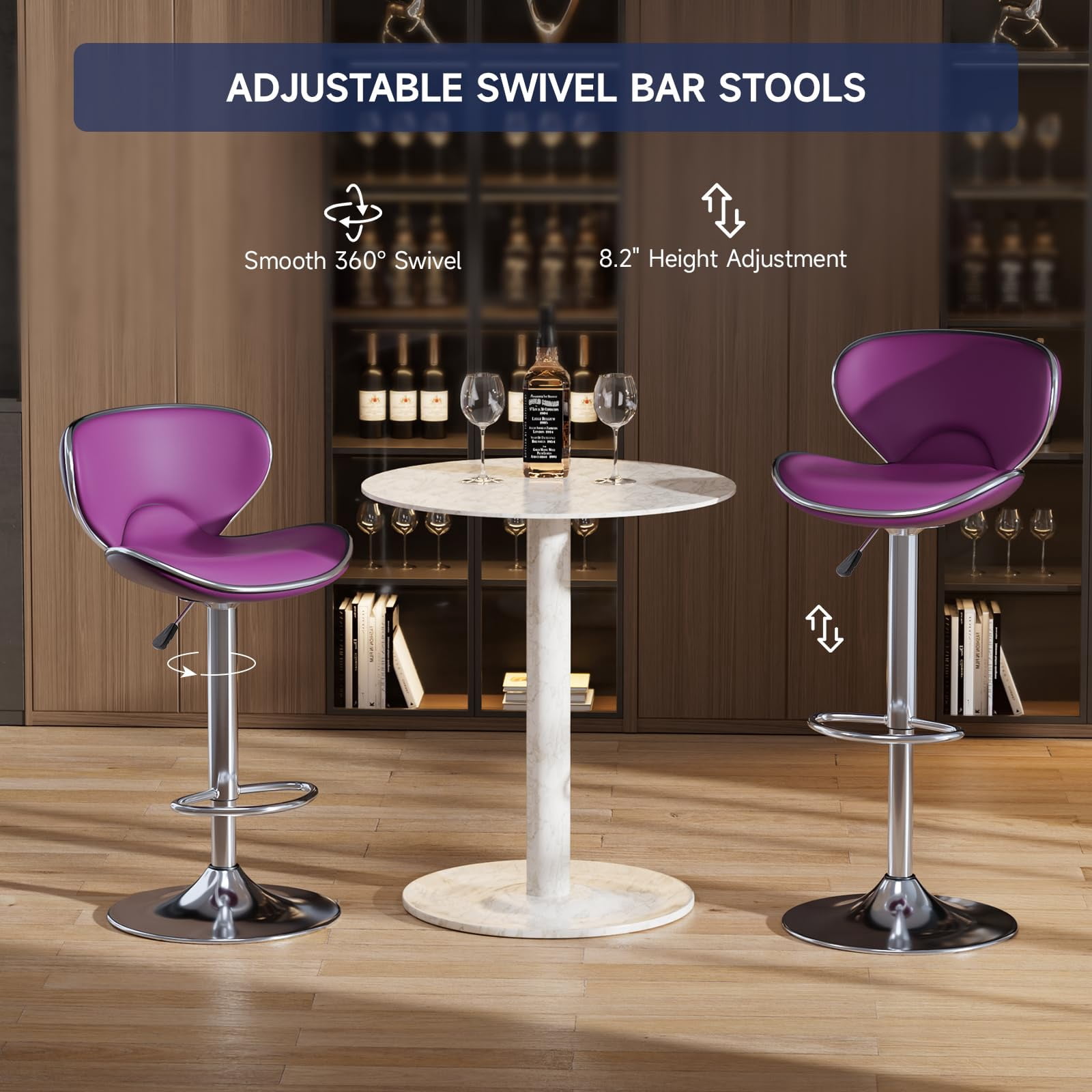 Adjustable Swivel Bar Stools Set of 2 , Modern PU Leather Upholstered Bar Chairs with Chrome Base for Kitchen Island, Dining Room, Pub, Counter (Purple)