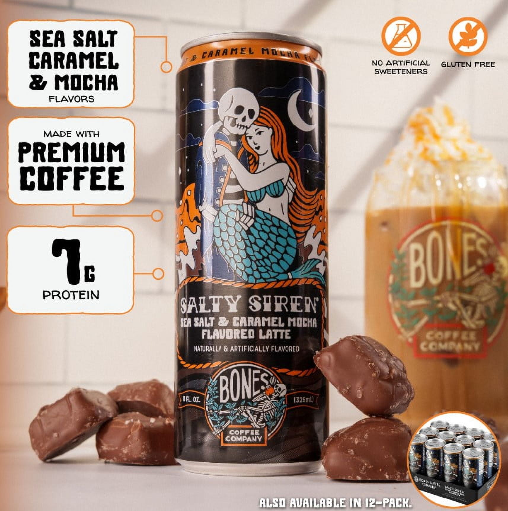 Bones Coffee Salty Siren Latte, Caramel Mocha Sea Salt Flavored Ready-to-Drink Coffee with Cows Milk, 11 fl oz Can