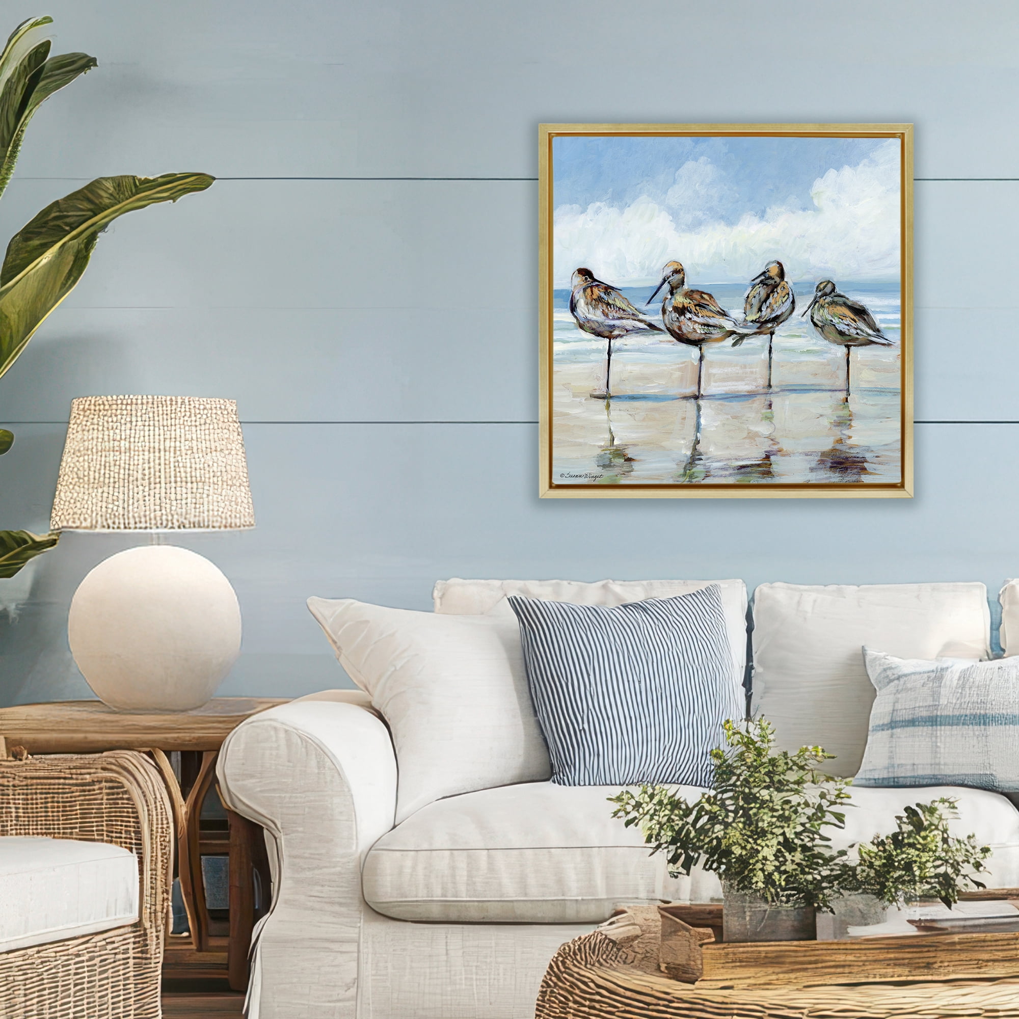 Stupell Industries Sandpipers Balancing On Beach Gold Framed Floater Canvas Wall Art, design by Susan Winget