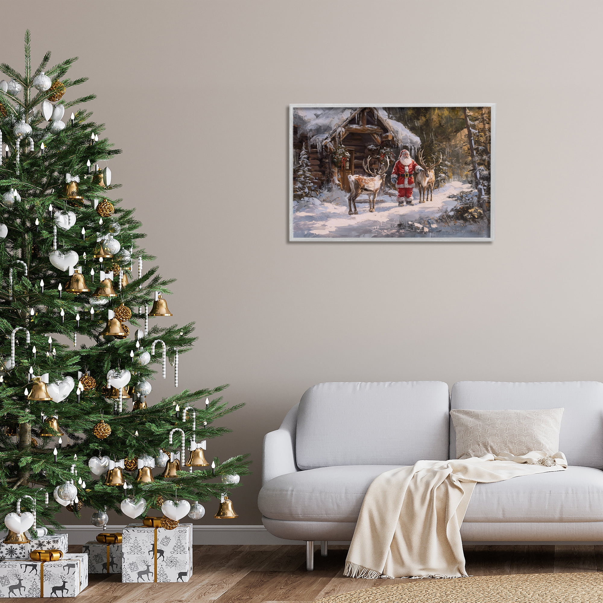 Stupell Industries Traditional Santa by Cabin Holiday Painting Gray Framed Art Prints Wall Art, 30 x 20