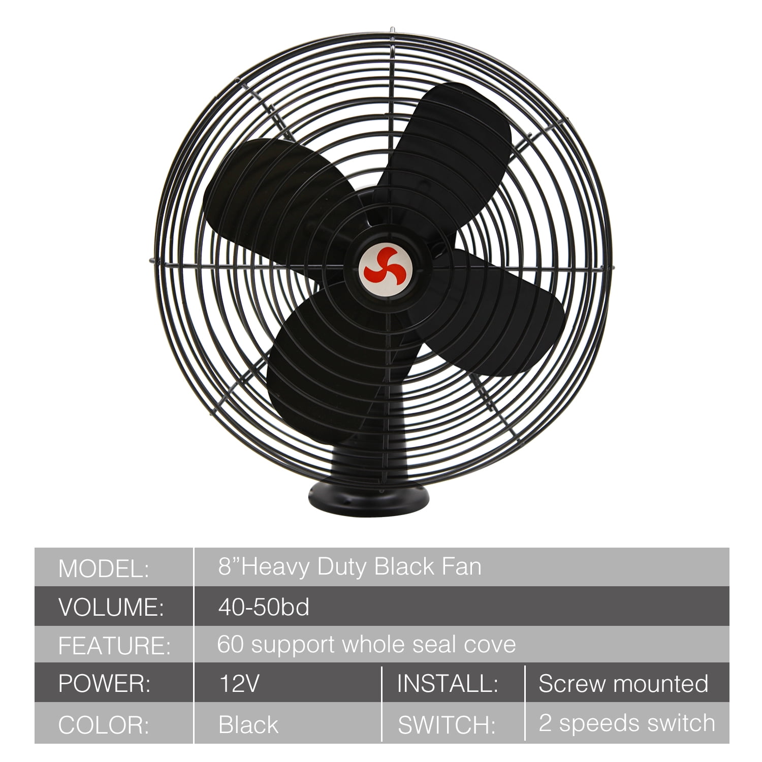 Maichis Heavy Duty All Metal 12V Car Fan, 8inch fan blade with Black Finished and 2 Speed Switch, Ventilation Electrical Cooling Air Metal Fan for Cars, Trucks, RV, Delivery Vehicle, Bus, Van