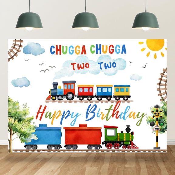 7x5FT Train Theme 2nd Birthday Backdrop Chugga Chugga Two Two Clouds Sun Second Birthday Photography Background Boys Girls Bday Party Decorations Banner Supplies Photo Booth Props